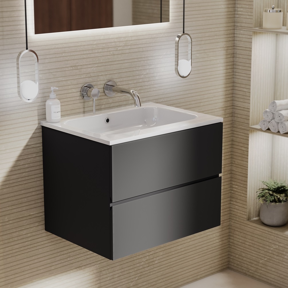 product lifestyle image of Zero Matt Black 600mm Double Drawer Vanity Unit and 0 Tap Hole Gloss White Basin 1042-BL1162C-L049K